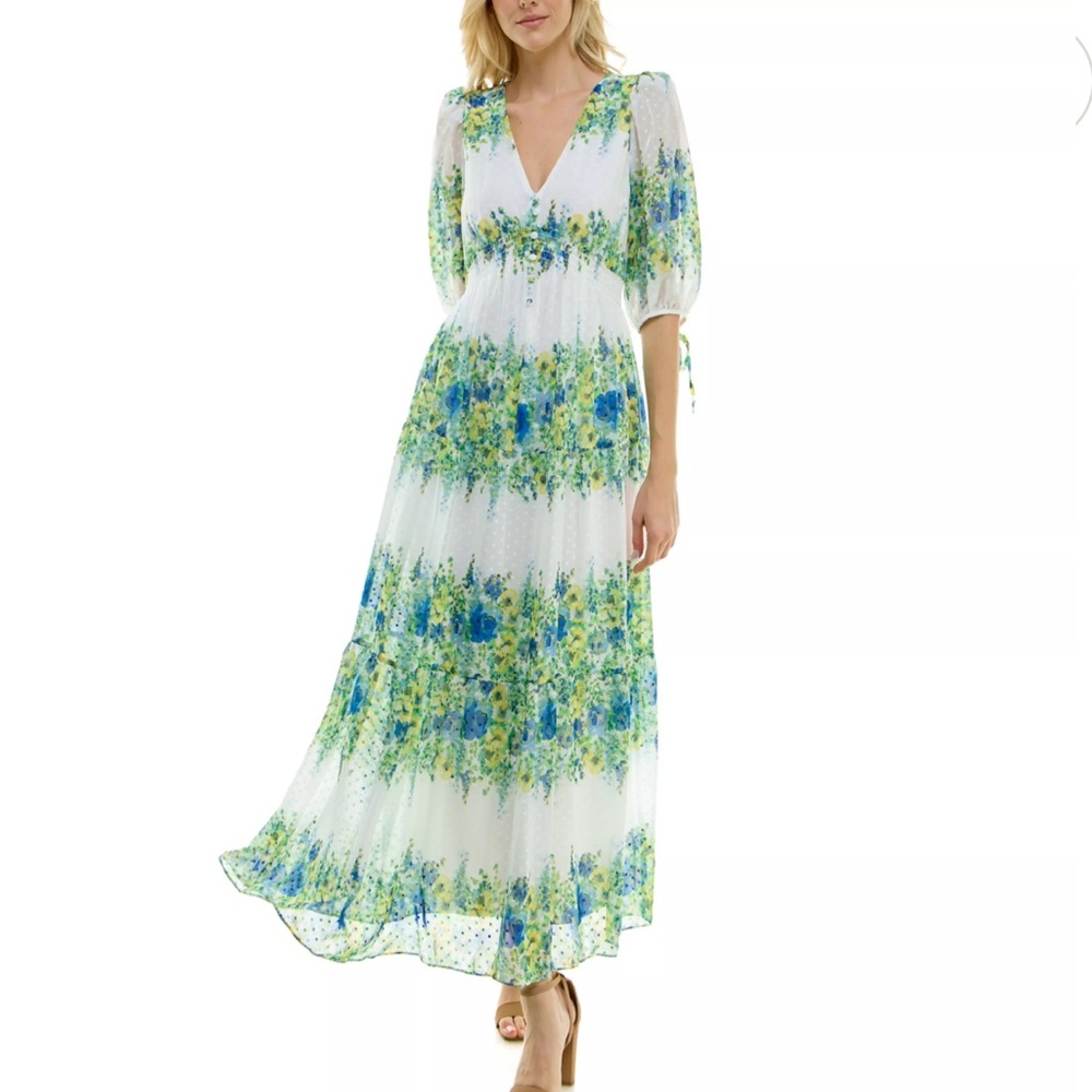 Taylor Floral Blue and Green Maxi V Neck Dress with Sheer Polka Dot Womens 10